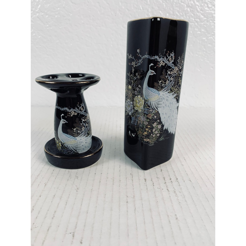 Shibata Bathroom Set Black Peacock Gold Trim Toothbrush Holder Heart Bud Vase